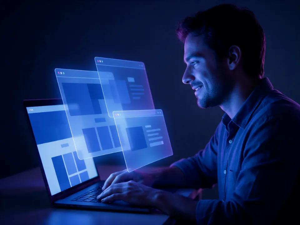 Empreendedor sorri ao ver as páginas do primeiro site da empresa se encaixarem em painéis de luz acima do notebook