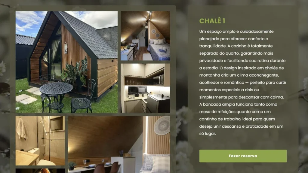 Bloco do Chalé 1 no site da Lá Ná Chácara, com mosaico de fotos do chalé por fora e por dentro, o texto de descrição e o botão Fazer reserva