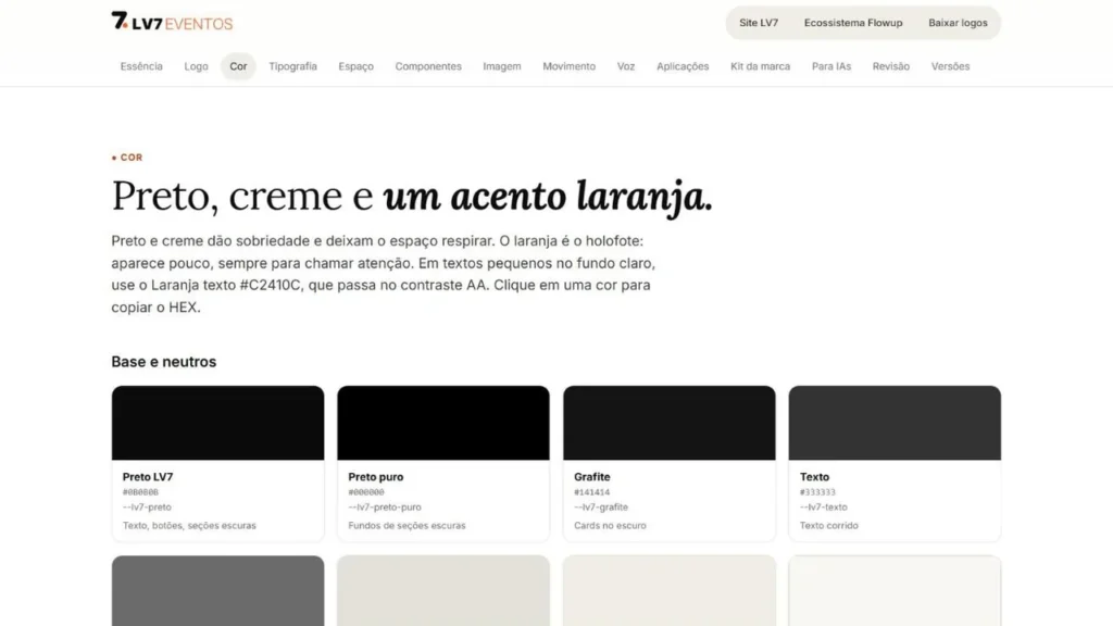 Seção Cor do brand book da LV7, Preto, creme e um acento laranja, com as cores base e neutras e os códigos HEX