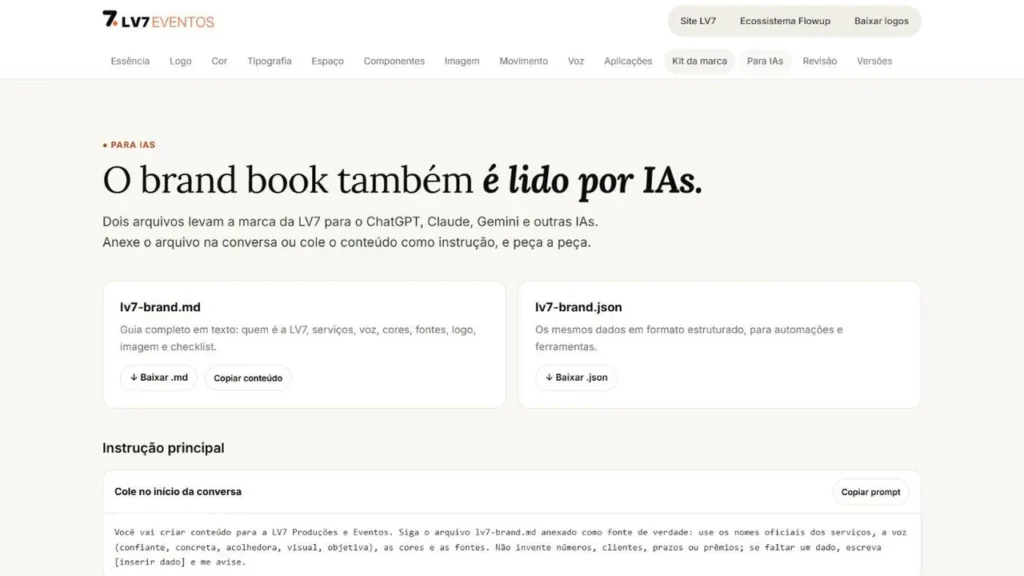 Seção Para IAs do brand book da LV7, O brand book também é lido por IAs, com os arquivos lv7-brand.md e lv7-brand.json e a instrução principal