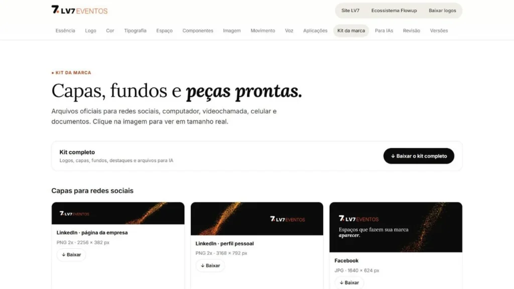 Seção Kit da marca do brand book da LV7, Capas, fundos e peças prontas, com o botão de baixar o kit completo e as capas para redes sociais