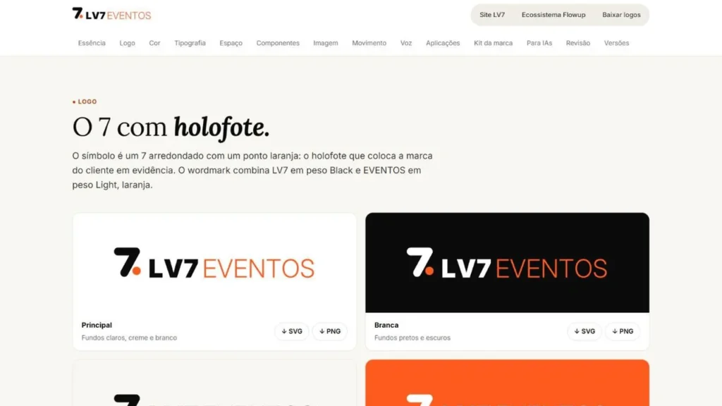 Seção Logo do brand book da LV7, O 7 com holofote, com as versões principal, branca, monocromática preta e monocromática branca sobre laranja