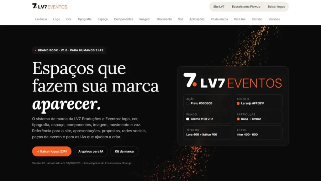Topo do brand book da LV7 em fundo preto, com o título Espaços que fazem sua marca aparecer, o logotipo LV7 Eventos e o resumo de cores e fontes