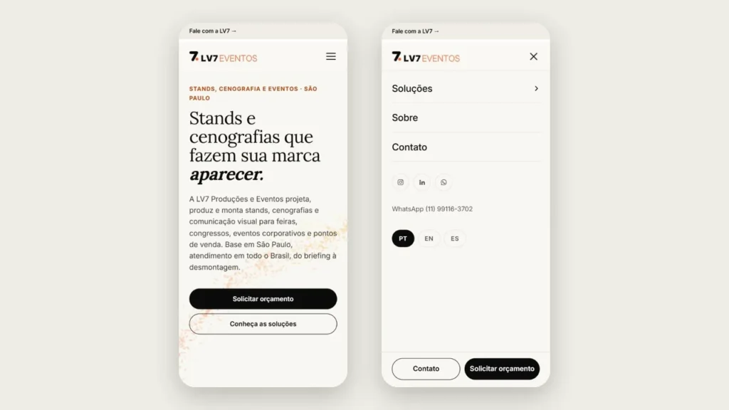Duas telas do site da LV7 no celular: a página inicial com o botão do menu à direita e o menu aberto com Soluções, Sobre, Contato, seletor de idioma PT, EN e ES e os botões Contato e Solicitar orçamento