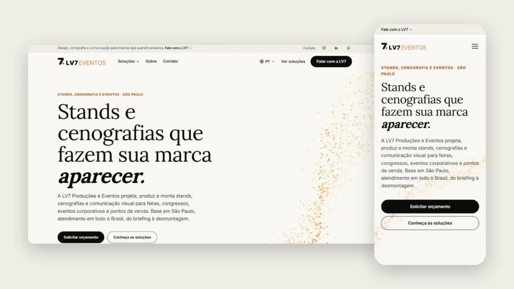 A página inicial do site da LV7 lado a lado, no computador e no celular, com a mesma tipografia, as mesmas cores e os mesmos botões