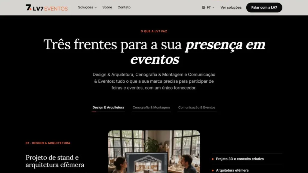 Seção Três frentes para a sua presença em eventos, em fundo preto, com abas Design e Arquitetura, Cenografia e Montagem e Comunicação e Eventos e o bloco de Projeto de stand e arquitetura efêmera