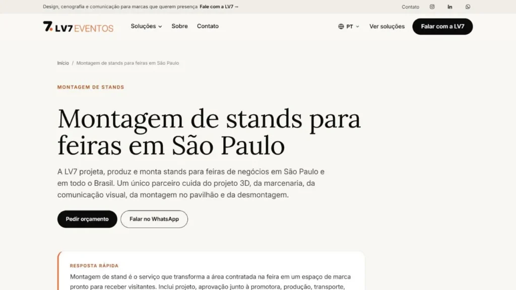 Página Montagem de stands para feiras em São Paulo, com trilha, título, botões Pedir orçamento e Falar no WhatsApp e o quadro Resposta rápida