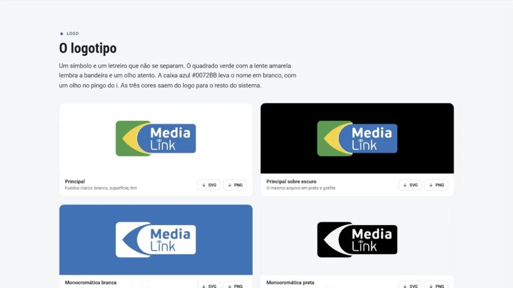 Seção O logotipo do brand book da MediaLink, com a versão principal, a versão sobre escuro e as monocromáticas branca e preta