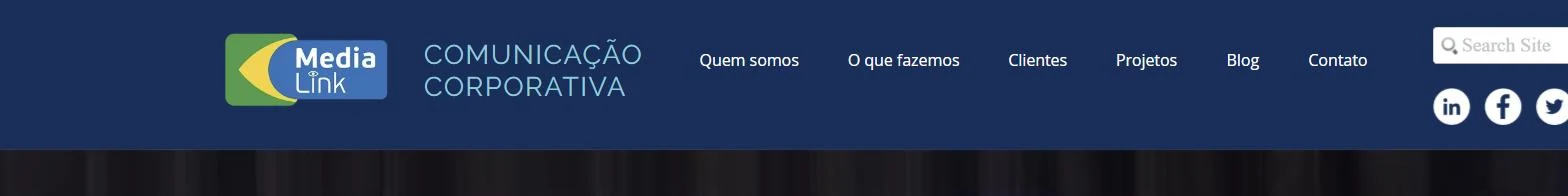 Topo do site anterior da MediaLink, em Wix, com o logotipo e o menu Quem somos, O que fazemos, Clientes, Projetos, Blog e Contato