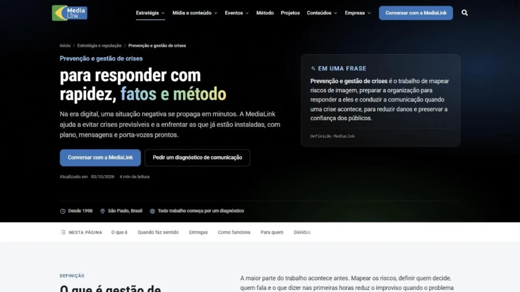 Página Prevenção e gestão de crises do site da MediaLink, com a definição do serviço e o sumário da página