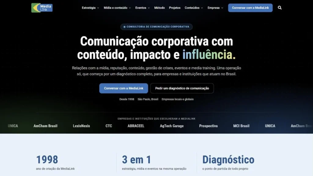 Página inicial do site novo da MediaLink, com o menu, o título Comunicação corporativa com conteúdo, impacto e influência e os três fatos da consultoria