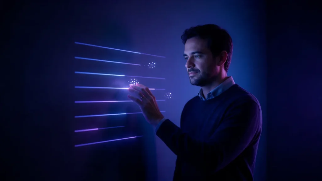 Executivo diante de uma parede escura compara pequenos grupos de pontos de luz ao longo de faixas horizontais de luz índigo de comprimentos diferentes, como numa grade de avaliação com pesos.