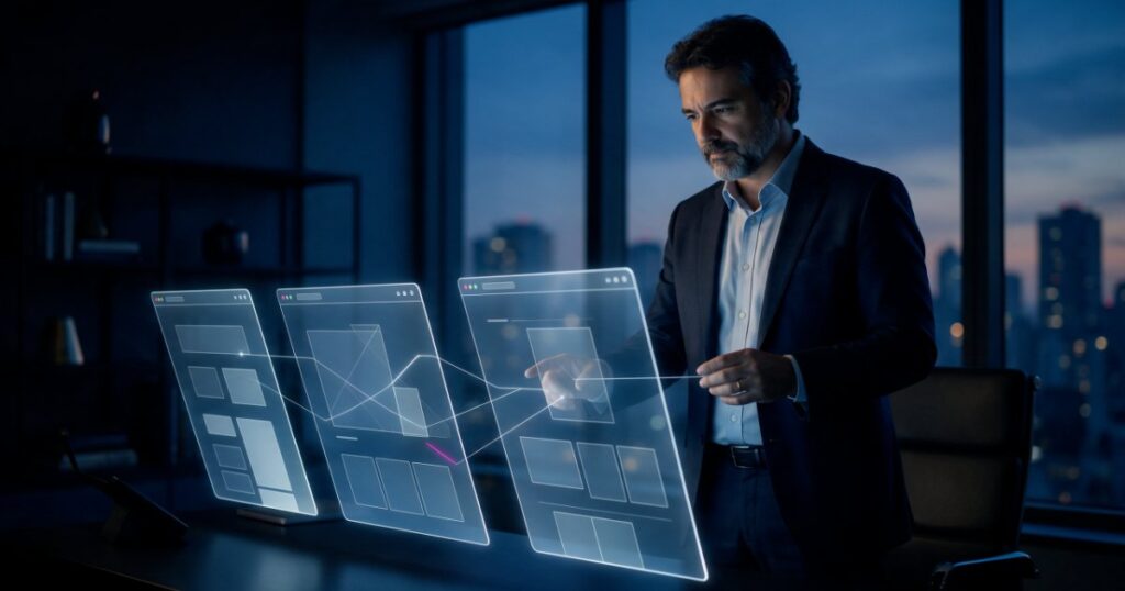 Diretor num escritório em São Paulo, ao entardecer, analisa três layouts de site em painéis de luz sobre a mesa, ligados por linhas finas, com um detalhe em magenta.