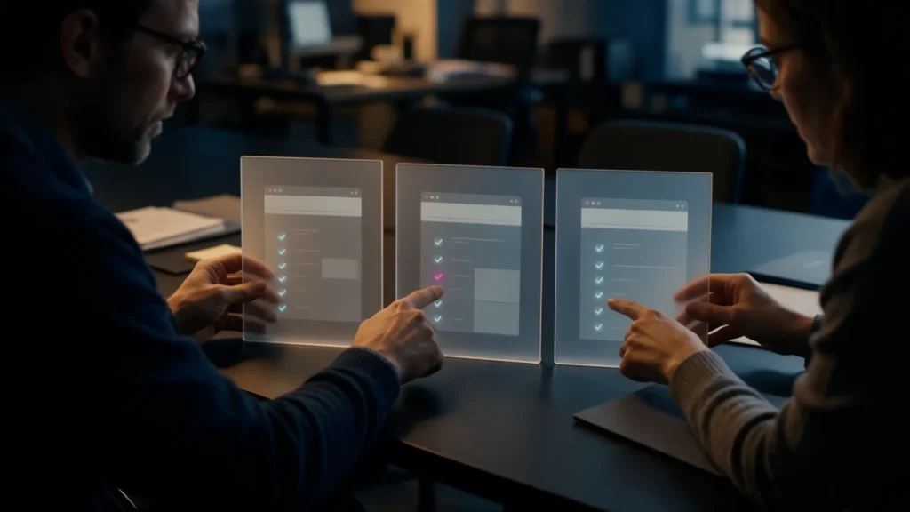 Duas pessoas numa mesa de reunião escura comparam três painéis de luz lado a lado, cada um com uma proposta de site e uma coluna de marcas de verificação, uma delas em magenta.