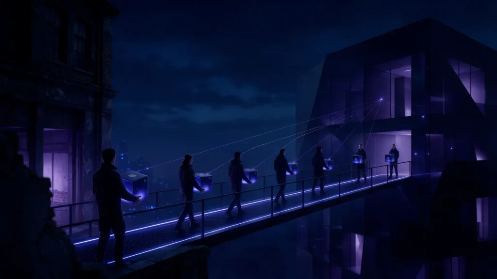 Equipe carrega blocos de luz índigo por uma passarela iluminada entre um edifício antigo e um novo, cada bloco ligado ao seu lugar por uma linha fina.