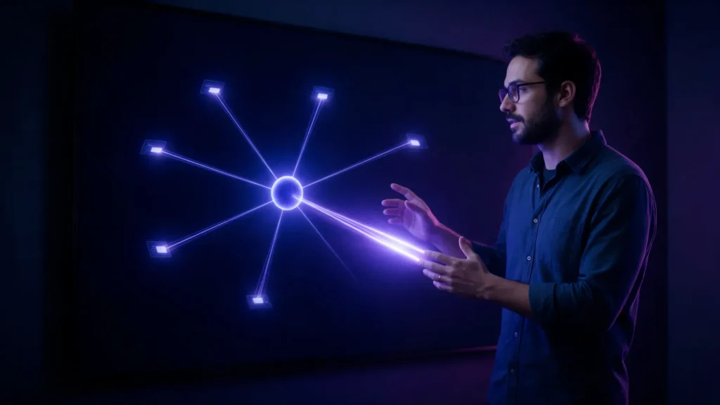 Analista de SEO diante de um painel escuro: uma esfera de luz índigo envia feixes a pequenos painéis de luz, e uma faixa violeta volta da esfera até as mãos dele.