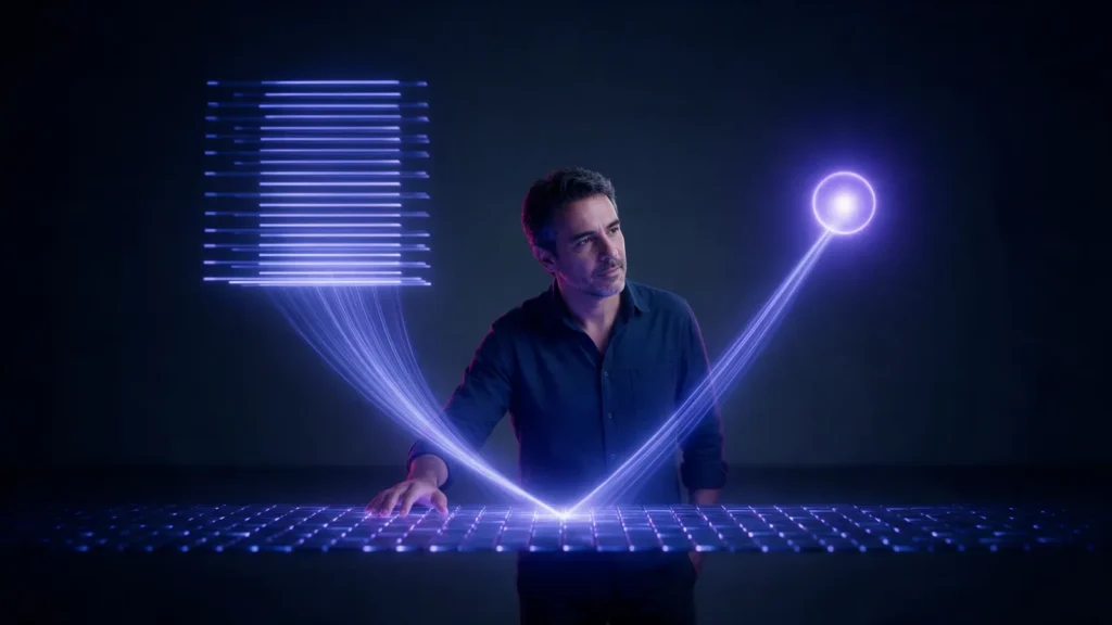 Homem apoia a mão em um plano de luz índigo; do mesmo ponto saem dois feixes: à esquerda, uma pilha de barras de luz, como uma lista; à direita, uma única esfera de luz.