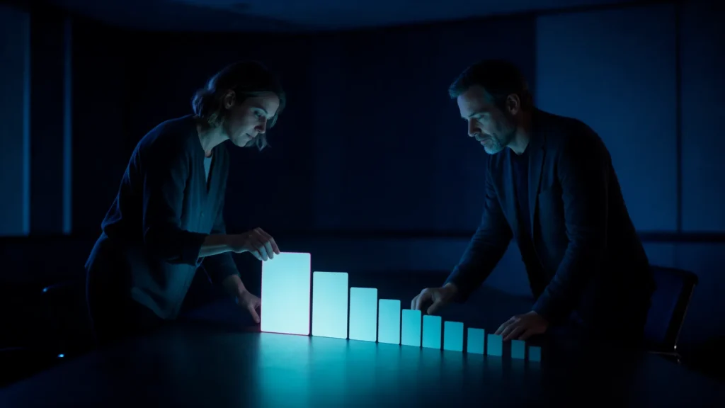 Dois profissionais alinham numa mesa escura cartões de luz, do maior e mais brilhante ao mais pequeno, como apontamentos ordenados por impacto.