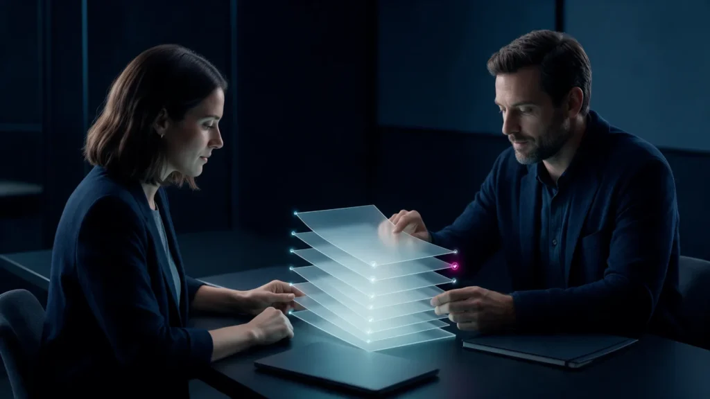 Duas pessoas numa mesa de reunião reveem um contrato feito de camadas de luz, cada uma com um ponto de verificação, um deles em magenta.