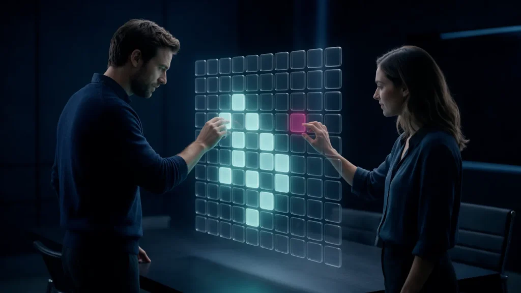 Duas pessoas preenchem com a mão as células de uma matriz de luz, como uma grelha de comparação, uma das células em magenta.