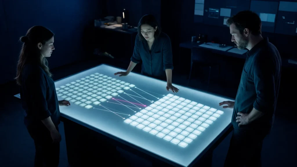 Três pessoas à volta de uma mesa iluminada com duas grelhas de pequenos blocos de luz, a antiga e a nova, ligadas por setas finas.