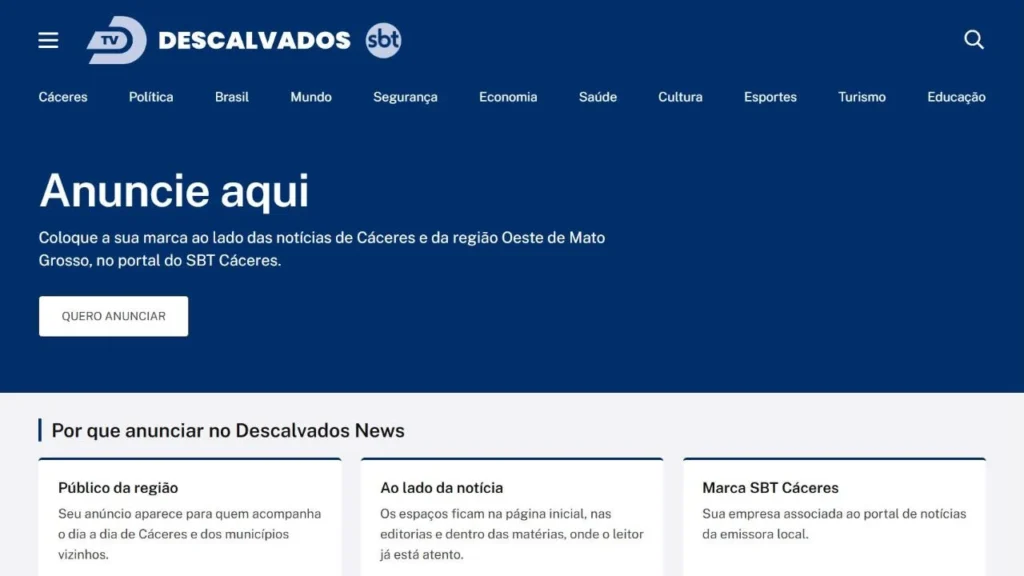Página Anuncie aqui do portal Descalvados News, com o título, o botão Quero anunciar e os blocos Por que anunciar e Onde o seu anúncio aparece