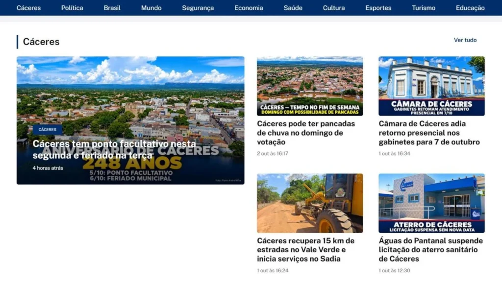 Página inicial do portal Descalvados News no bloco da editoria Cáceres, com o menu de editorias no topo azul, uma matéria em destaque e quatro matérias em cartões com foto