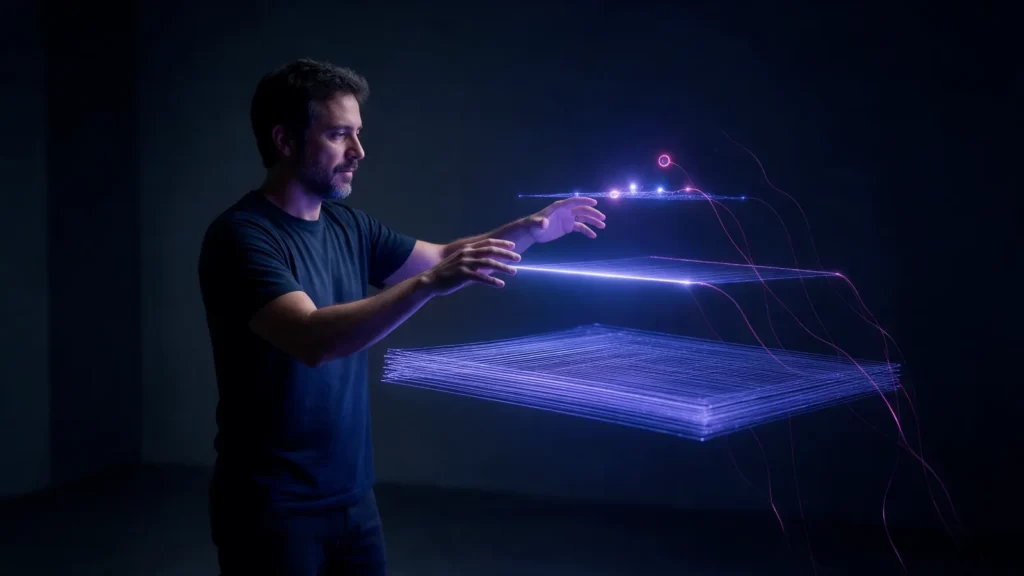 Estrategista de marca diante de três camadas de luz índigo sobrepostas: uma base densa de fios finos, uma linha central brilhante e, no topo, poucos pontos de luz, com fios magenta subindo da lateral e tocando todas as camadas.