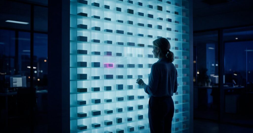 Gerente de e-commerce B2B diante de uma parede de prateleiras de luz organizadas como um catálogo, com um produto destacado em magenta e ligado a um código de barras de luz.